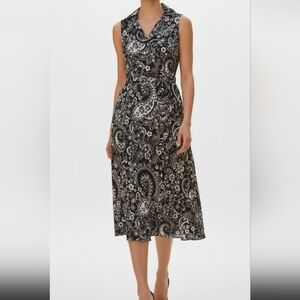 [Orange Fashion Village] Black & White Floral Paisley Wrap Midi Dress Women Med